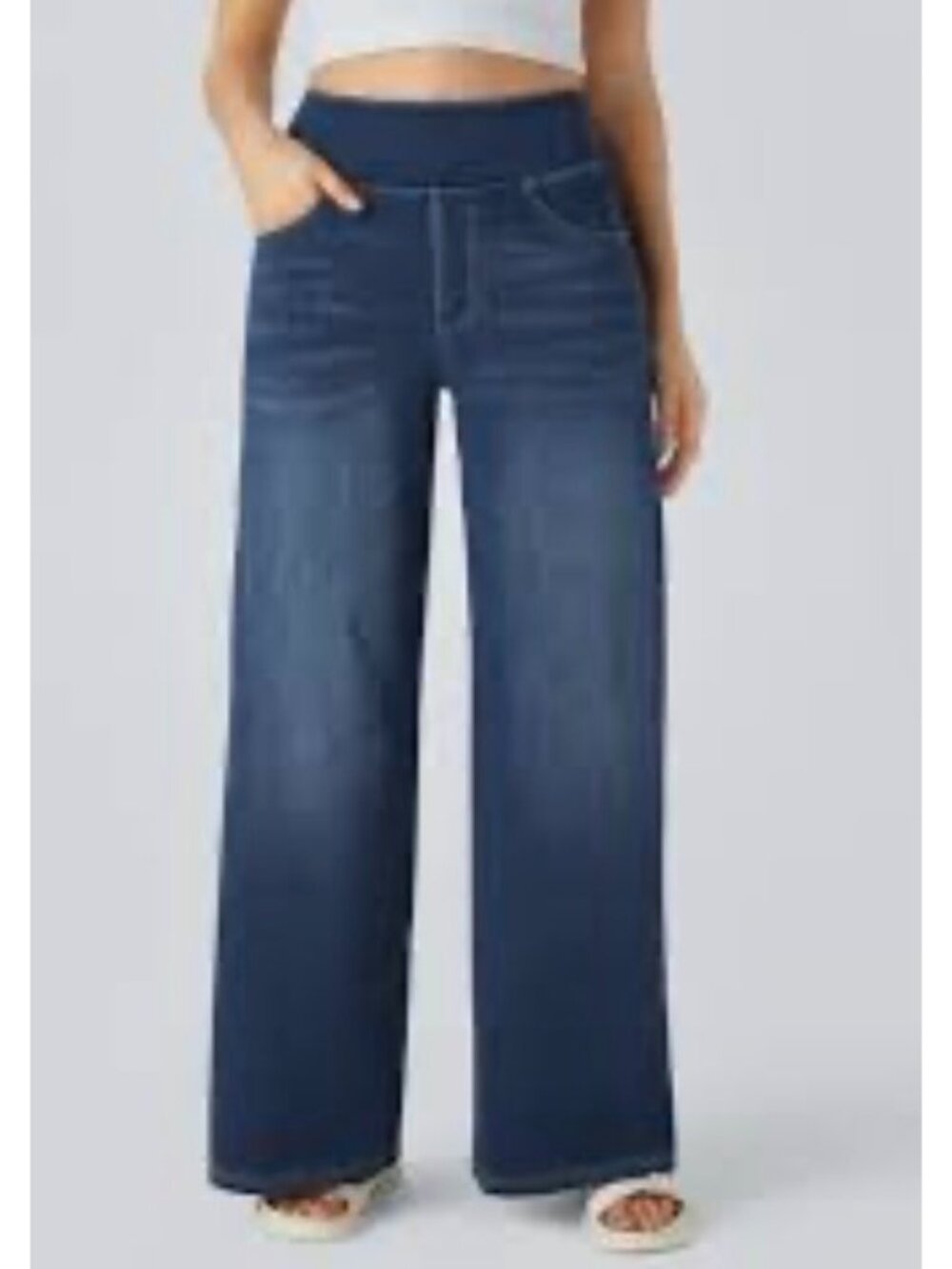 Halara Large Womens Wide Leg High Waist Pull On Jeans Blue Denim